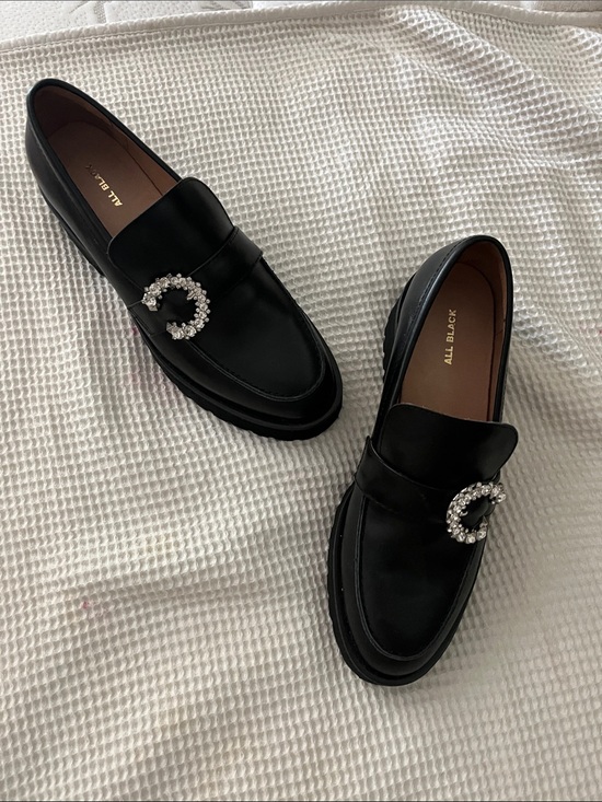 All Black Shoes - All Black Leather Loafers with Crystal Buckle